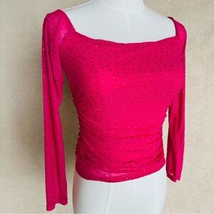 AFRM Pink Mesh Ruched Off Shoulder Top with Rhinestones Sz S NWT